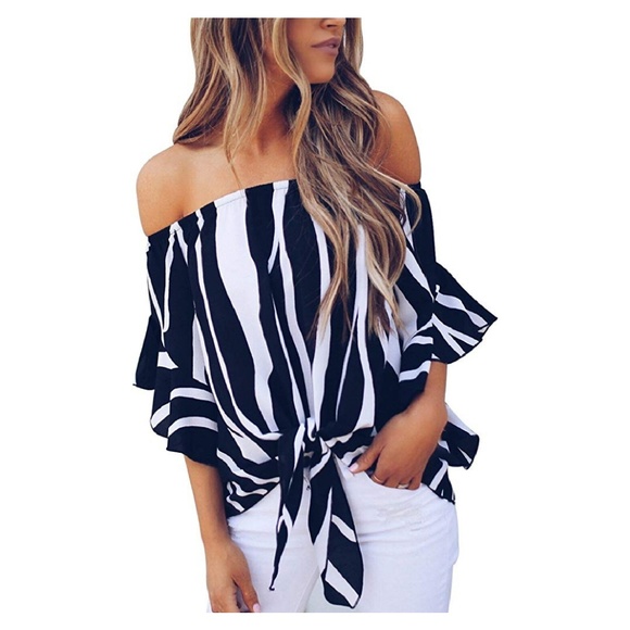 Tops - Striped-Off-the-Shoulder/Front Tie-Knot Top
